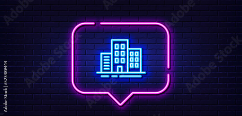 Neon light speech bubble. Buildings line icon. City apartments sign. Architecture building symbol. Neon light background. Buildings glow line. Brick wall banner. Vector