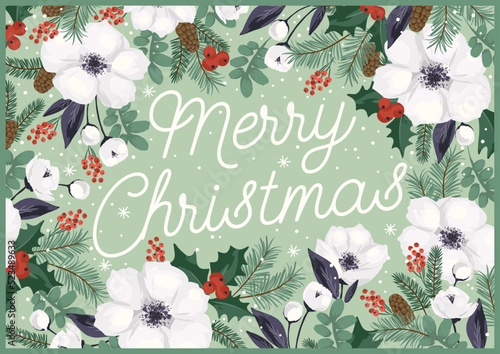 Christmas and Happy New Year illustration with Christmas tree and flowers. Vector design template.