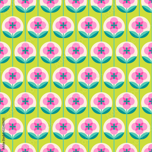 Retro cute geometric flower and leaf seamless pattern background.