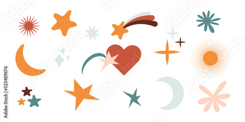 Hand drawn abstract cosmic shapes and elements set. Doodle moon, sun, stars, comets, heart. Simple flat style vector illustration isolated on white background