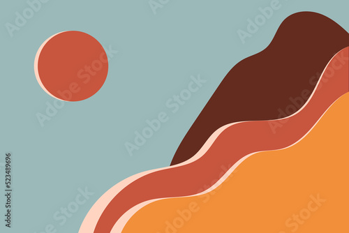 Abstract retro vintage landscape with mountains and sun. Summer wavy aesthetic bakground in warm retro colors. Modern flat vector illustration with copy space for text
