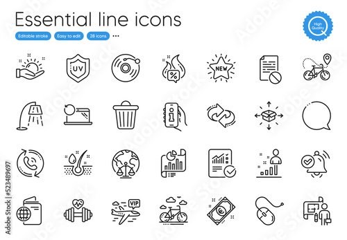Trash bin, Info app and Stand lamp line icons. Collection of Uv protection, Dumbbell, Checked calculation icons. Travel passport, Serum oil, Recovery laptop web elements. Parcel delivery. Vector