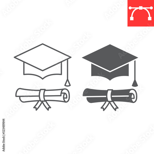 Graduation cap and diploma line and glyph icon, school and education, graduation hat vector icon, vector graphics, editable stroke outline sign, eps 10.