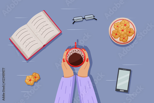 flatlay background, female hands holding a cup of hot chocolate, cookies, glasses and smart phone. Vector illustration.