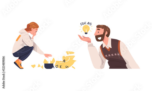 People having ideas set. Girl looking at broken light bulb. Brainstorming, creativity and solution cartoon vector illustration