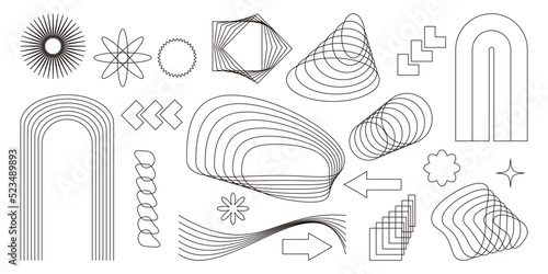 Aesthetic Y2K geometric shapes vector set. Futuristic brutalism line elements in 2000s style. Trendy retro modern forms and figures of graphic design