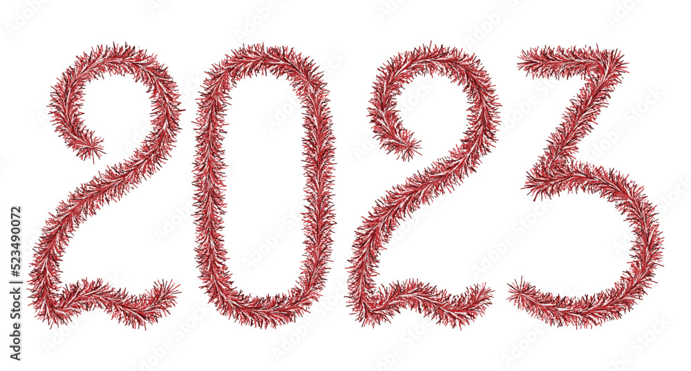 Tinsel. 2023. Lettering from a festive Christmas decoration. Fluffy numbers. Of red color. Vector illustration. Isolated white background. Cute plush message. coming year. Rustling lettering. Tinsel. 2023. Lettering from a festive Christmas decoration. Fluffy numbers. Of red color. Vector illustration. Isolated white background. Cute plush message. coming year. Rustling lettering.