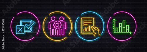 Document, Checkbox and Employees teamwork minimal line icons. Neon laser 3d lights. Diagram graph icons. For web, application, printing. File with diagram, Survey choice, Collaboration. Vector