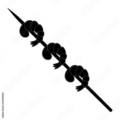 Shrimps on a skewer. Silhouette. Seafood for grilling. Vector illustration. Shrimp tail. Outline on isolated background. Idea for web design.