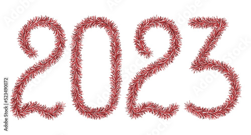 Tinsel. 2023. Lettering from a festive Christmas decoration. Fluffy numbers. Of red color. Vector illustration. Isolated white background. Cute plush message. coming year. Rustling lettering. 