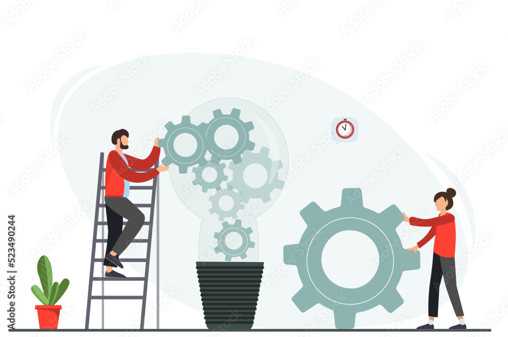 Tiny man and woman brainstorming ideas, doing successful work, achieving goals at work, planning and time management concept, flat vector illustration Tiny man and woman brainstorming ideas, doing successful work, achieving goals at work, planning and time management concept, flat vector illustration