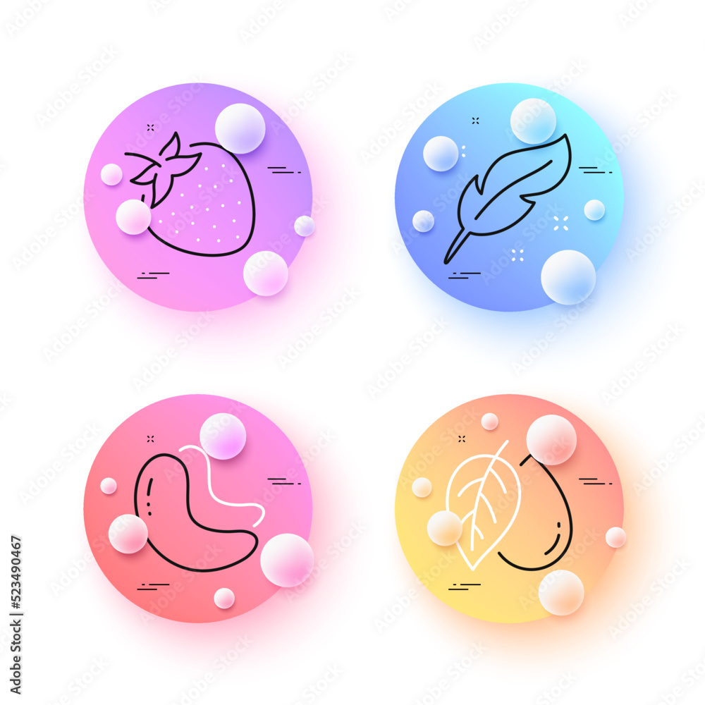 Feather, Mineral oil and Cashew nut minimal line icons. 3d spheres or balls buttons. Strawberry icons. For web, application, printing. Nib pen, Organic tested, Vegetarian food. Fresh fruit. Vector