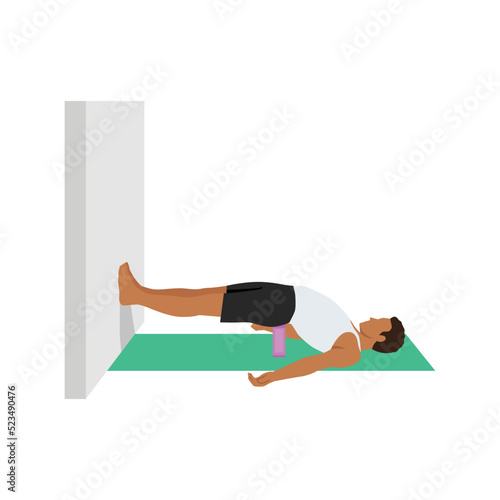 Man doing bridge pose setu bandha sarvangasana to the wall  exercise. Flat vector illustration isolated on white background