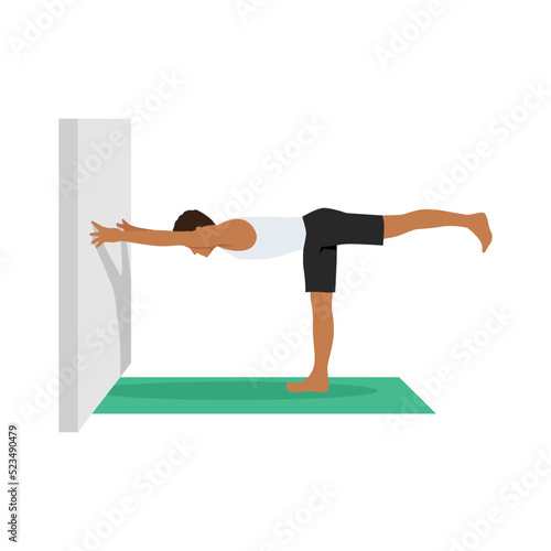 Man doing warrior III pose virabhadrasana III to the wall exercise. Flat vector illustration isolated on white background