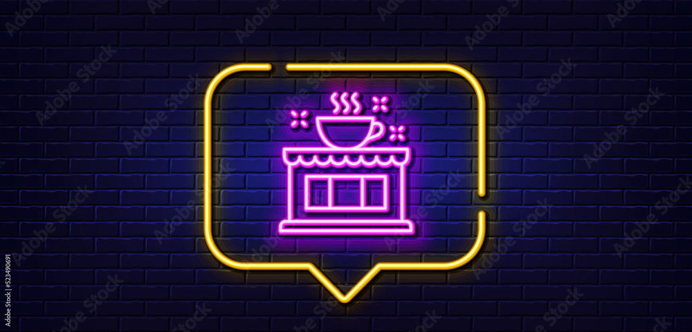 Neon light speech bubble. Coffee shop line icon. Cafe house sign. Tea drink cup symbol. Neon light background. Coffee shop glow line. Brick wall banner. Vector Neon light speech bubble. Coffee shop line icon. Cafe house sign. Tea drink cup symbol. Neon light background. Coffee shop glow line. Brick wall banner. Vector