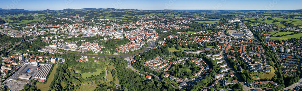 Aerial view of the city Kempten in Bavaria, Germany on a sunny morning in summer.