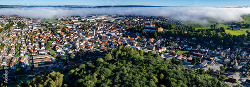 Aerial view of the city Marktoberdorf in Bavaria, Germany on a sunny morning in summer.