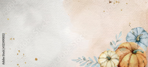 Watercolor vector autumn background with pumpkins and branches.