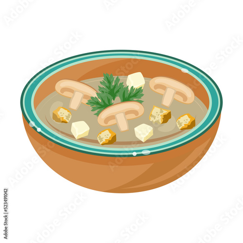 Soup with mushrooms and crackers in bowl. Gazpacho, curry, broccoli, mushroom cream soup isolated on white background. Ideas for lunch or dinner