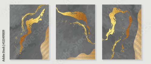 Set of abstract wall art background vector. Luxury wall decoration design with gold foil texture, paint, gray watercolor, abstract shapes. Design for interior, prints, cover, and postcard, wallpaper.