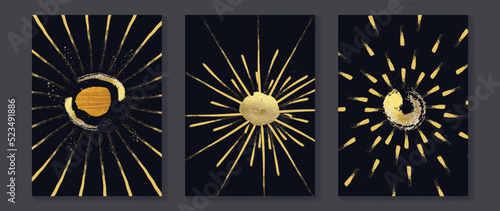 Set of abstract wall art background vector. Luxury wall decoration design with line, gold foil texture, sun, abstract shapes, sunshine. Design for interior, prints, cover, and postcard, wallpaper.