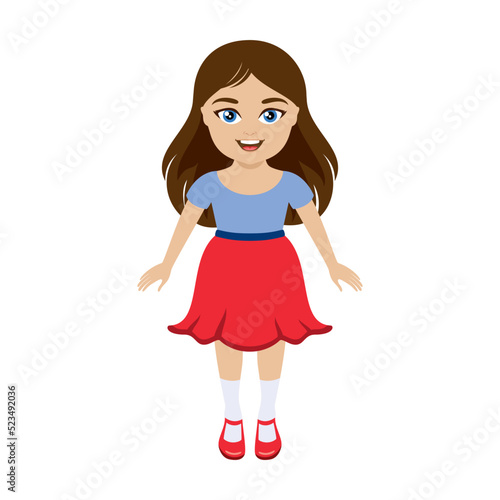 Cute happy little girl in a red skirt icon vector. Adorable stylish little kid girl in red shoes icon isolated on a white background