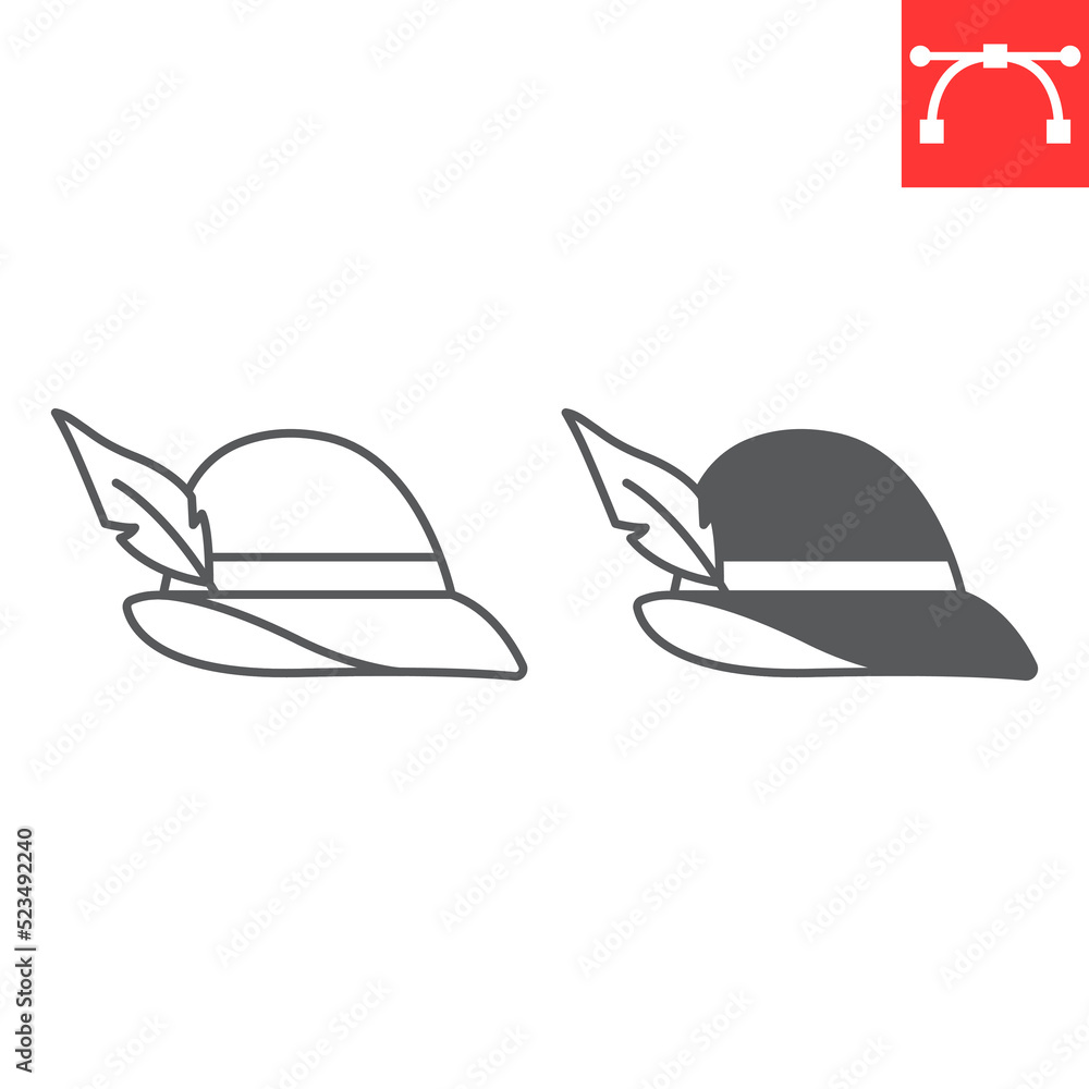 Tyrolean hat line and glyph icon, beverage and oktoberfest hat, germany hat vector icon, vector graphics, editable stroke outline sign, eps 10. Tyrolean hat line and glyph icon, beverage and oktoberfest hat, germany hat vector icon, vector graphics, editable stroke outline sign, eps 10.