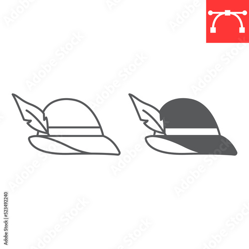 Tyrolean hat line and glyph icon, beverage and oktoberfest hat, germany hat vector icon, vector graphics, editable stroke outline sign, eps 10.