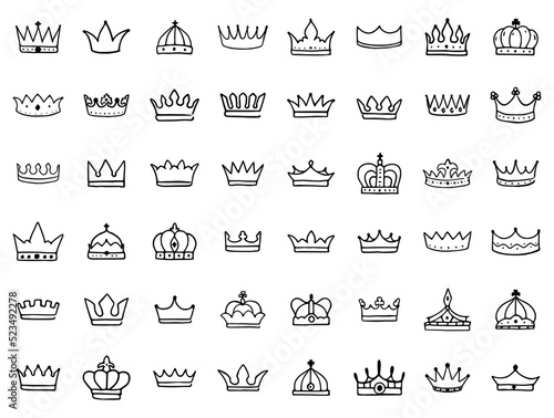 Crown hand drawn outline icon set isolated on white background. Royal or queen sign, premium symbols, doodles clip art.