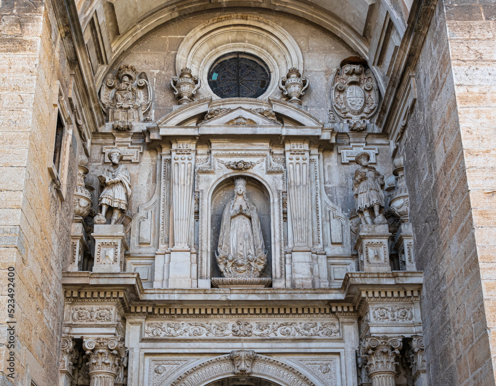 Detalle portada norte de la catedral de Jaén dedicada a la inmaculada concepción realizada en el siglo XVII, España