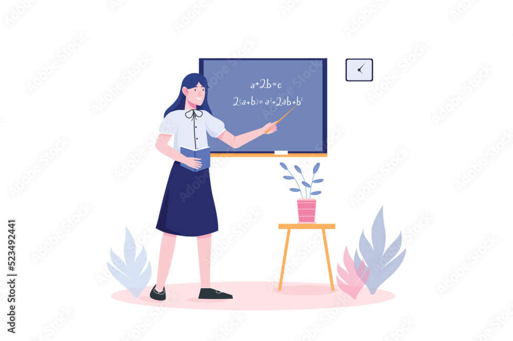 School teacher concept with people scene in flat cartoon design. Teacher explains the mathematical formulas written on the blackboard in the classroom. Vector illustration. School teacher concept with people scene in flat cartoon design. Teacher explains the mathematical formulas written on the blackboard in the classroom. Vector illustration.