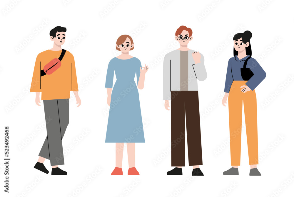 Set of diverse modern students with bags. Portraits of smiling people studying in college or university. Flat vector illustration of young men and women isolated on white background