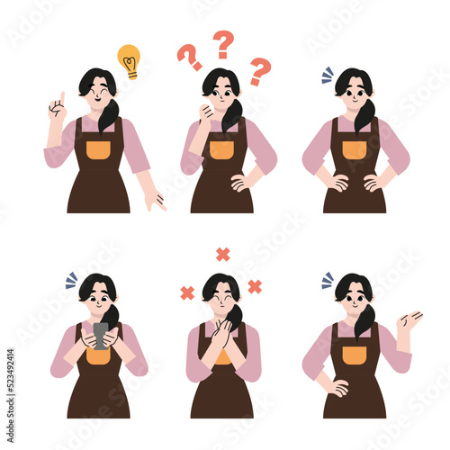 Housewife facial expression pose illustration set wearing an apron. Vector style design illustration isolated on white background