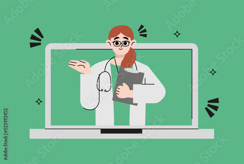 Telemedicine concept vector illustration. Visiting female doctor using online technology through laptop computer.