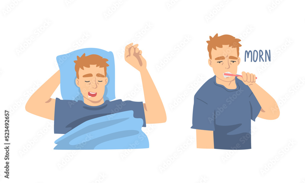 Young man daily routine set. Guy sleeping at night and brushing his teeth at morning cartoon vector illustration Young man daily routine set. Guy sleeping at night and brushing his teeth at morning cartoon vector illustration