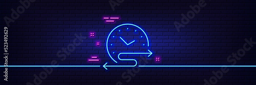 Neon light glow effect. Time schedule line icon. Transport timetable sign. Task time management symbol. 3d line neon glow icon. Brick wall banner. Time schedule outline. Vector