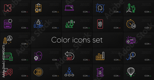 Set of Laptop, World water and Oil barrel line icons. Include 360 degrees, Face verified, Account icons. Medical analytics, Fingerprint, Recovery ssd web elements. Quarantine, Management, Head. Vector