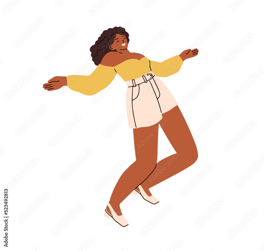 Happy black woman dancing, shaking breasts to music. Young smiling