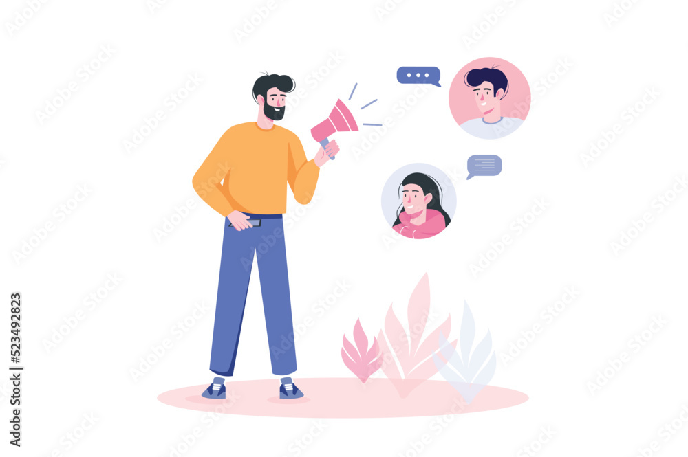Marketing concept with people scene in flat cartoon. Man to task and guide has wards in online meeting for product sales and promotion. Vector illustration.