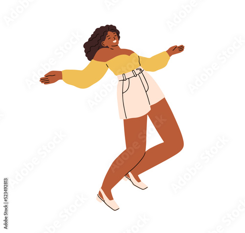 Happy black woman dancing, shaking breasts to music. Young smiling laughing girl dancer, moving with joy, fun. Joyful African-American female. Flat vector illustration isolated on white background