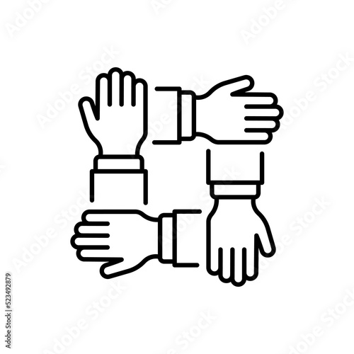 Collaboration Group Team Job Linear Pictogram. Company Participation Line Icon. Teamwork Alliance Partnership Help Together Hand Outline Icon. Editable Stroke. Isolated Vector Illustration