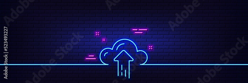 Neon light glow effect. Cloud computing upload line icon. Internet data storage sign. File hosting technology symbol. 3d line neon glow icon. Brick wall banner. Cloud upload outline. Vector