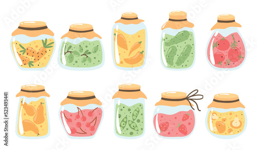 A set of pickles and jams. Collection of jars of pickles with cucumbers, tomatoes, peppers, olives, mushrooms. Strawberry, cherry and pear jam. Vector illustration.