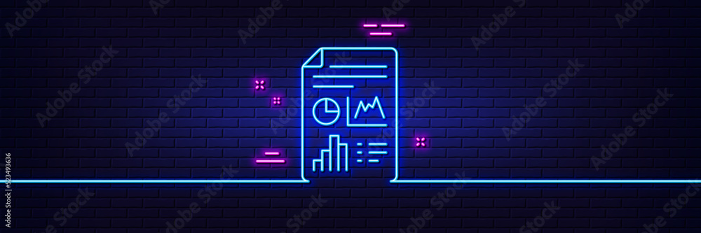 Neon light glow effect. Report document line icon. Column graph sign. Growth diagram, pie chart symbol. 3d line neon glow icon. Brick wall banner. Report document outline. Vector Neon light glow effect. Report document line icon. Column graph sign. Growth diagram, pie chart symbol. 3d line neon glow icon. Brick wall banner. Report document outline. Vector