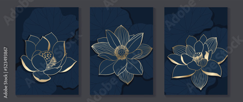 Set of golden lotus wall art vector. Elegant line art, lotus flowers, leaves, foliage on dark background. Collection of luxury wall decoration perfect for decorative, interior, prints, banner.