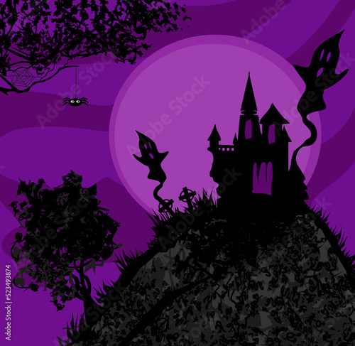 Halloween night landscape with scary haunted castle