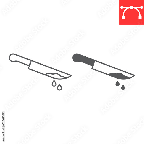Bloody knife line and glyph icon, halloween and murder, knife with blood vector icon, vector graphics, editable stroke outline sign, eps 10.