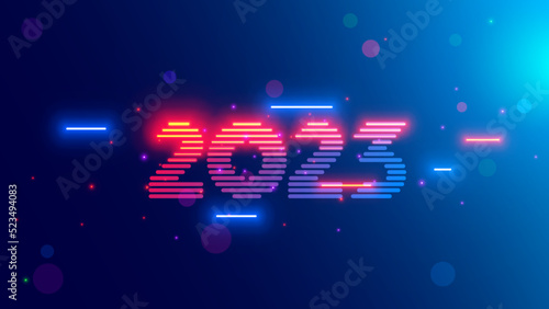 2023 new year, christmas tech background. Year 2023 consist from light neon lamps in dark, hanging in cyberspace. Digits or Number year on celebration banner in new technology style. 2023 logo vision