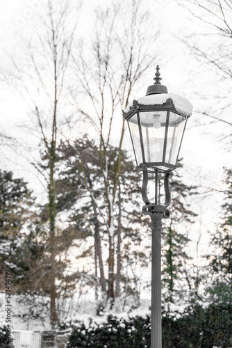 Old retro decorated classic steel snow-covered street light with modern electric balb in calm evening park on cold december, january or february day. Architectural details, seasonal specific