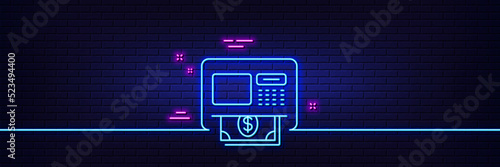 Neon light glow effect. ATM line icon. Money withdraw sign. Payment machine symbol. 3d line neon glow icon. Brick wall banner. ATM outline. Vector